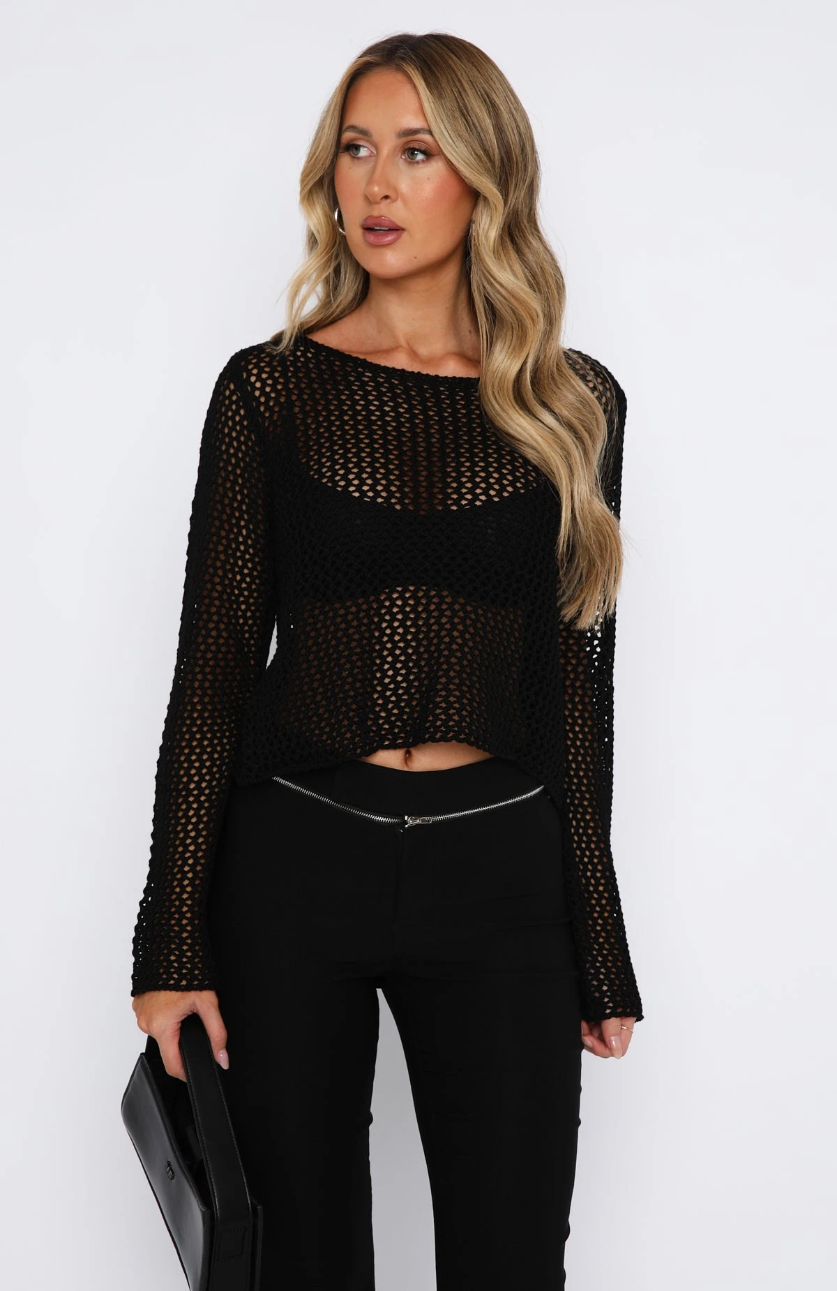 Mixed Emotions Long Sleeve Crochet Top Black - Image 2