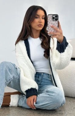 A Little Too Much Knit Cardigan Cream + Navy