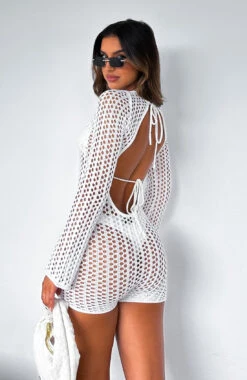 Change Of Plans Knitted Long Sleeve Playsuit White