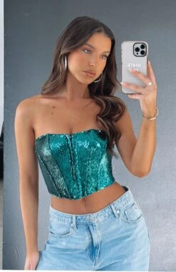 Guest List Sequin Bustier Emerald Green