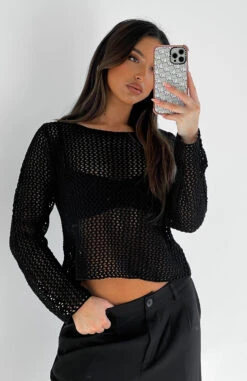 Mixed Emotions Long Sleeve Crochet Top Black