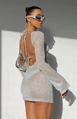 Rain On Me Long Sleeve Mini Dress Silver